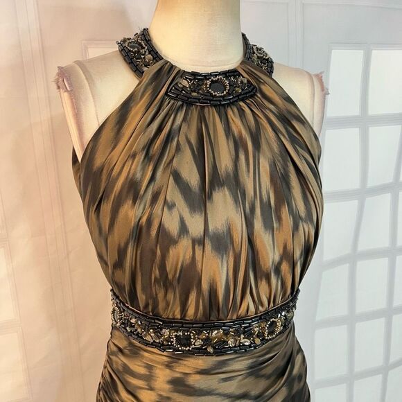 Carmen Marc Valvo Beaded Belted Ruched Silk Cocktail Green Evening Dress Size 4 - Picture 2 of 13